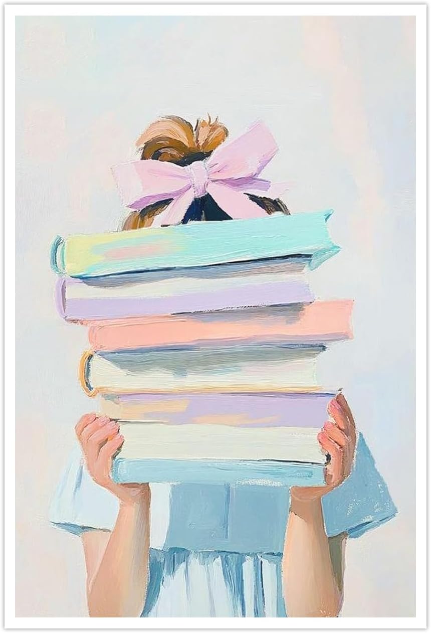 Little Blonde Girl With Stack of Books Canvas Wall Art Poster - Pink Bow Girl Reader Library Wall Decoration Aesthetic Poster for Nursery Girl's Room Decor 12x16in Unframed