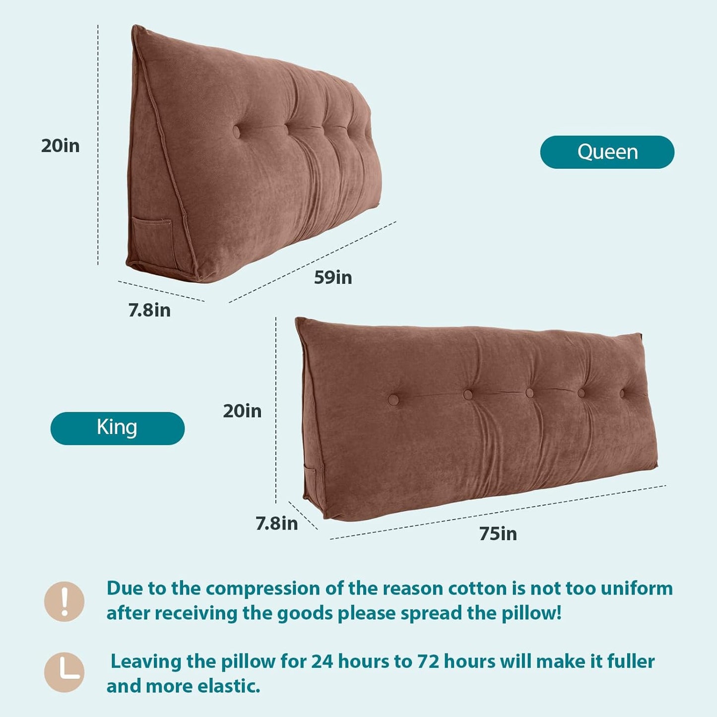 FAHKNS Wedge Pillow Headboard King, Removable Bed Wedge Pillow, Triangle Headboard Pillow for Bed, Sofa, Patio, Glass Window Floor, Brown