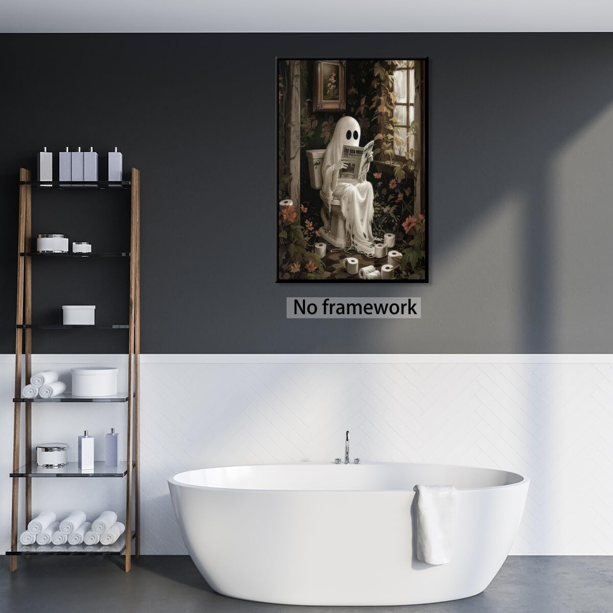 Medpol Spooky halloween bathroom wall art funny ghost reading newspaper cottagecore wall decor dark academia canvas posters for room bathroom Unframed8x12inch