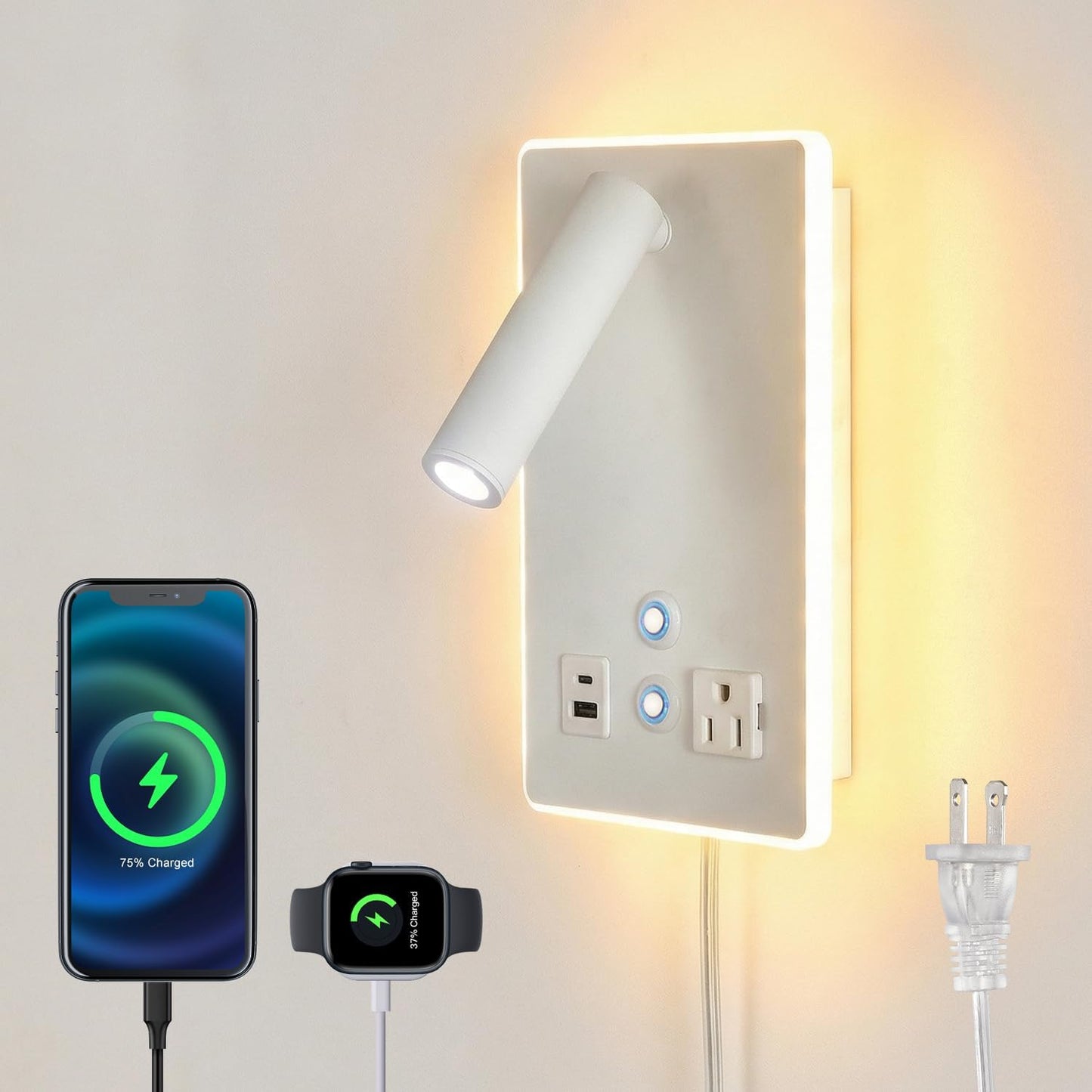 Dimmable Plug in Wall Sconce with Touch Switch,Headboard Bedside Wall Lamp,Multifunction Wall Light with USB C+A Ports,Adjustable Wall Mounted Reading Light,3 Color Temperature(White)