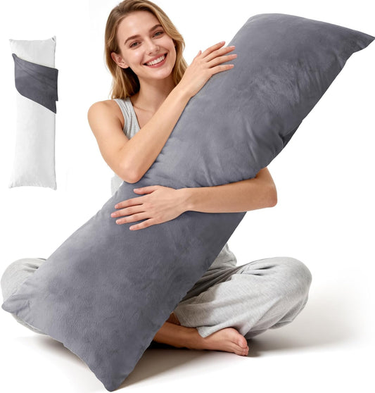 Body Pillow for Adults with Removable Pillowcase，Memory Foam Full Body Pillows for Side Sleepers, Back Pain, Pregnancy, Large Long Pillow Fluffy with Cover for Bed,20x54 Inch, Grey