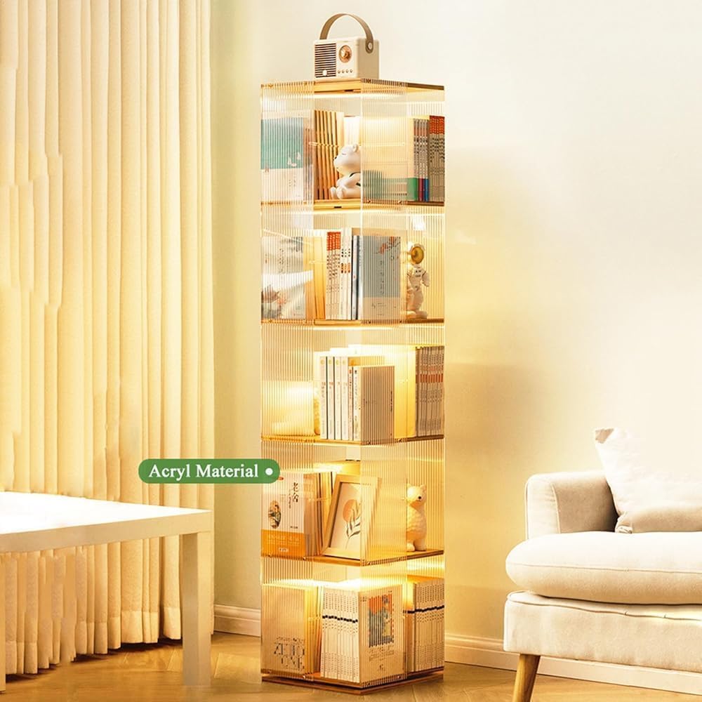 360-Degree Rotating Bookshelf, Spinning Bookcase with Clear Acrylic & Solid Wood, Modern 5-Tier Storage Organizer for Kids' Playroom & Bedroom, Stylish Home Decor