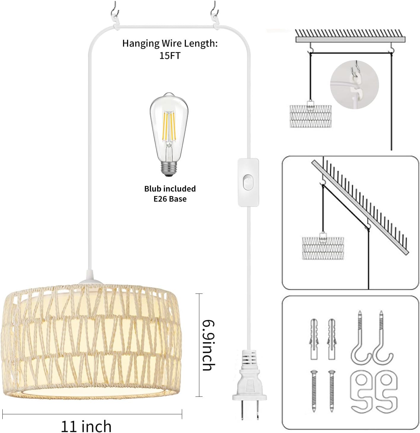 Plug in Pendant Light, Rattan Hanging Lights with Plug in Cord, Woven & Fabric 2 in 1 LampShade, Hanging Lamp Plug in for Bedroom Living Room Kitchen Island-Cream (Bulb Included)