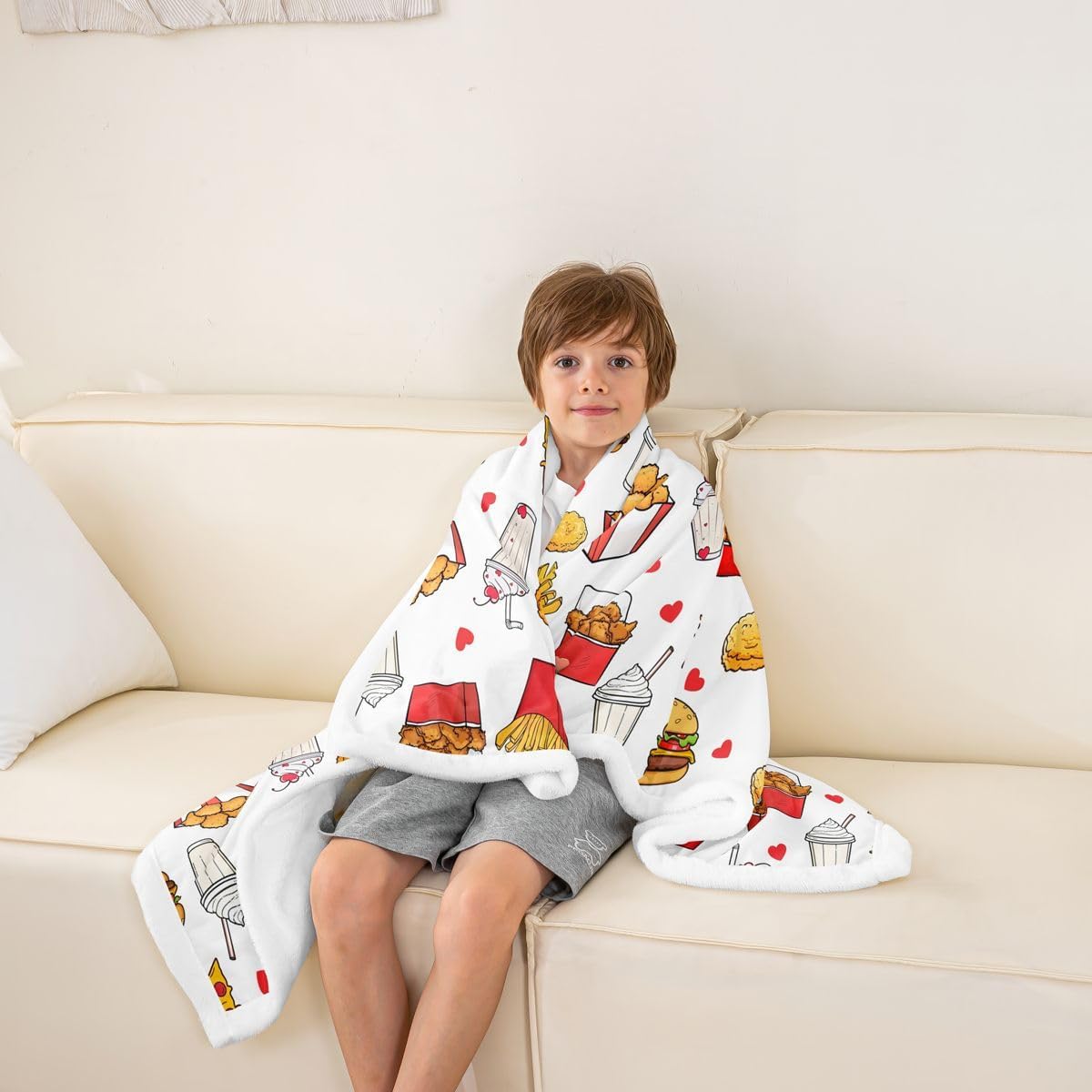 Feelyou Cute Pizza Sherpa Throw Blanket for Couch Chips Hamburger Super Soft Cozy Fleece Chicken Nugget Blanket for Winter, Plush Throw Food Theme Queen 90"x90" All Season