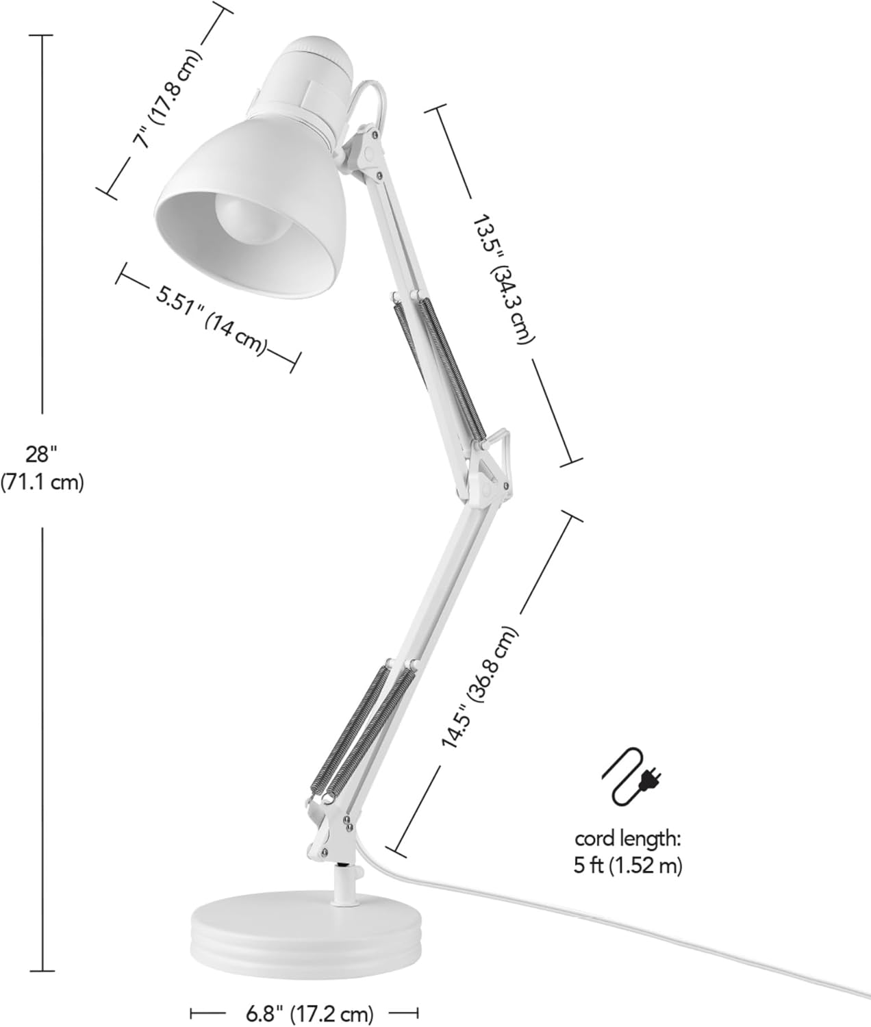 Globe Electric 52024 71.1cm(28인치) 스윙 암 건축가 책상 램프, 매트 화이트, 그늘의 회전 스위치, 부분적으로 조절 가능한 암, 침실 또는 사무실을 위한 현대적인 조명, 유행을 타지 않는 실내 조명