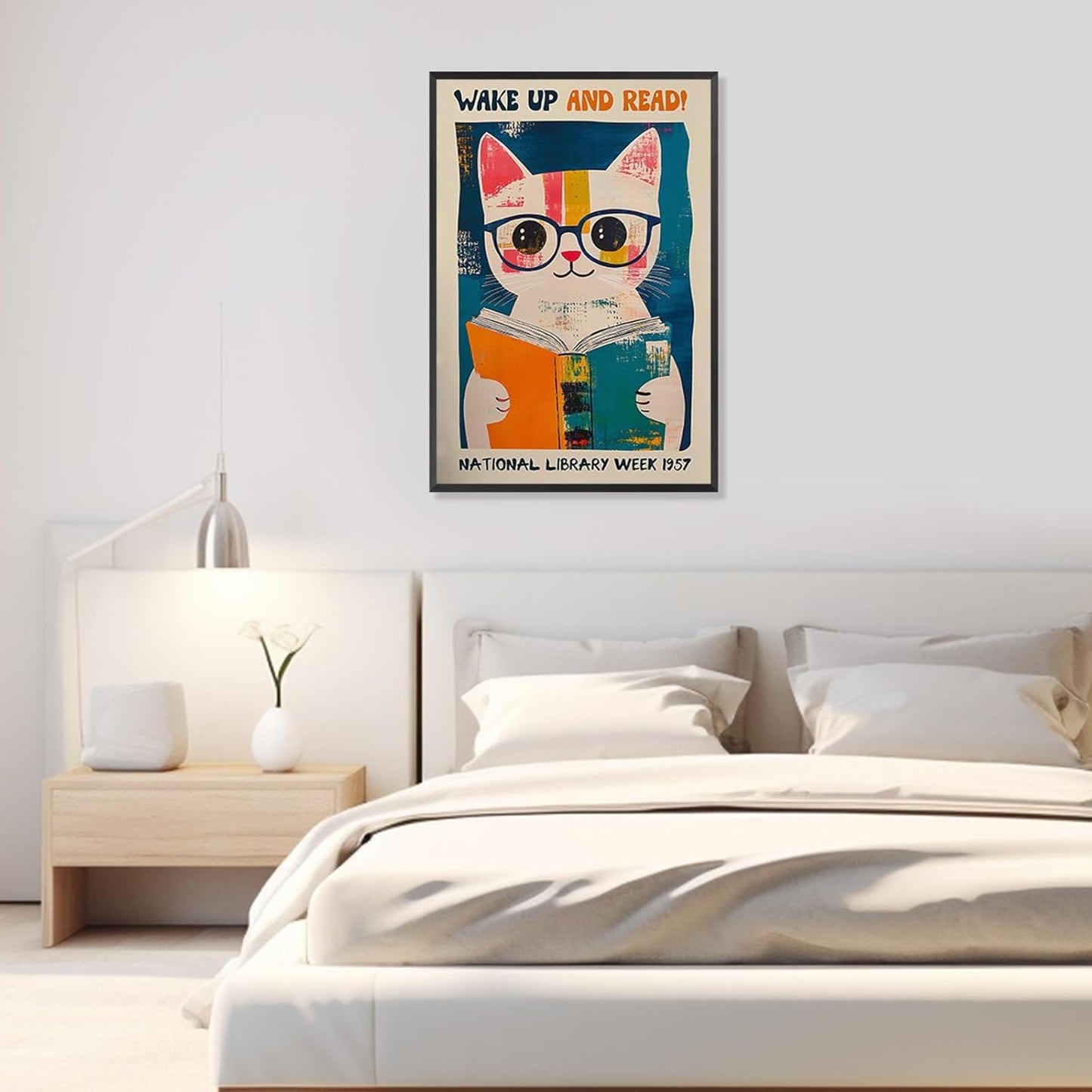Cute Cat With Glasses Reading Canvas Wall Art 1957 National Library Week Posters Vintage Funny Animal Aesthetic Prints Painting For Home Bedroom Dorm Apartment Wall Decor 12x16in Unframed