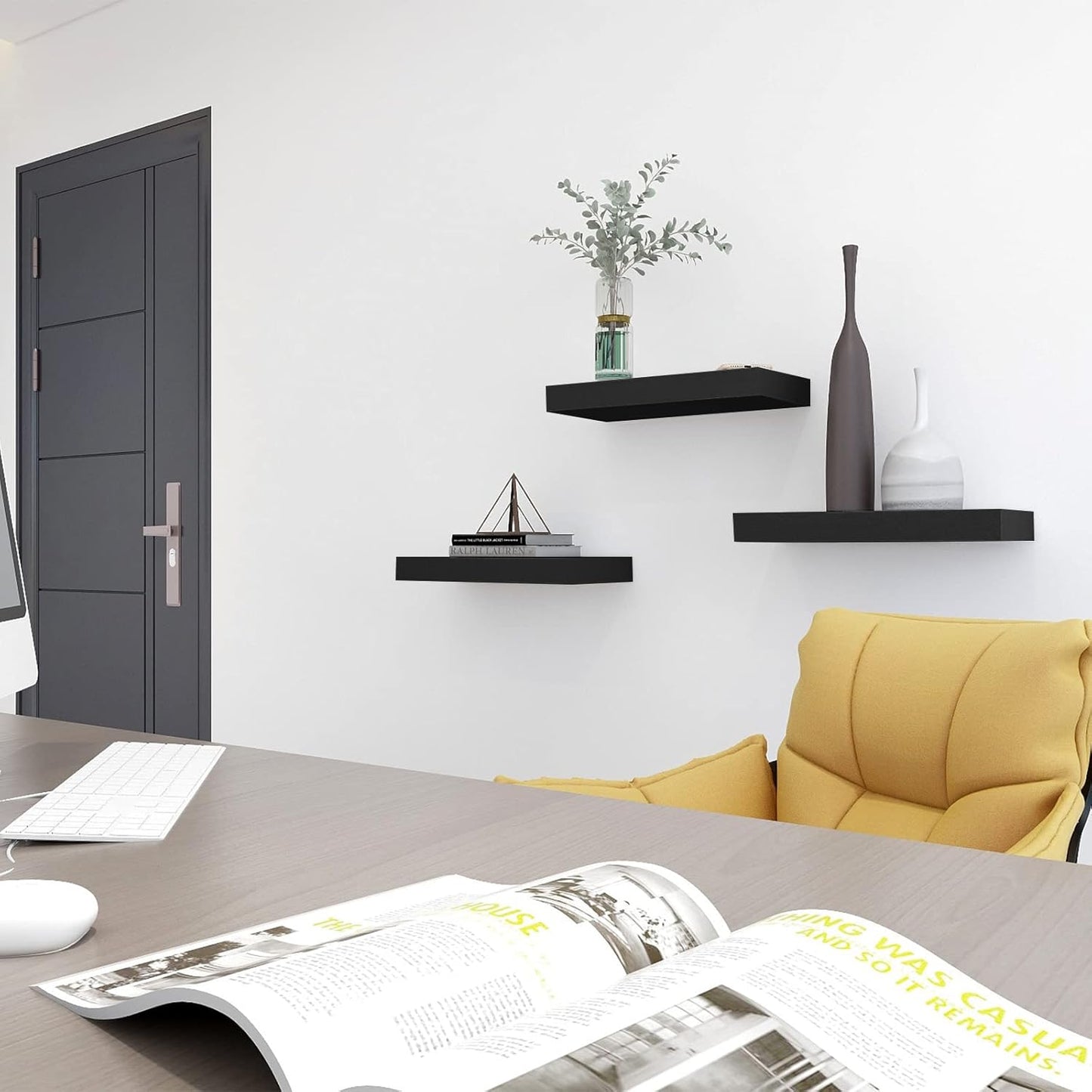 Floating Shelves for Wall Storage, 15 inch Wall Mounted Shelves Set of 3, Wood Hanging Book Shelf for Living Room, Bathroom, Bedroom, Kitchen, Over Toilet Home Decor, Holder Display (Black)