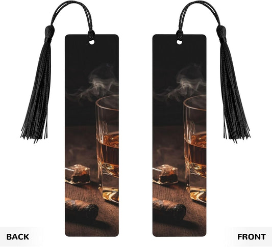 Cigar & Whiskey Bookmark, Wooden Bookmarks for Book Lovers Handmade Wood Book Mark with Tassel Reading Page Markers Ornament Wooden Gift Tags Labels for Craft Decorations