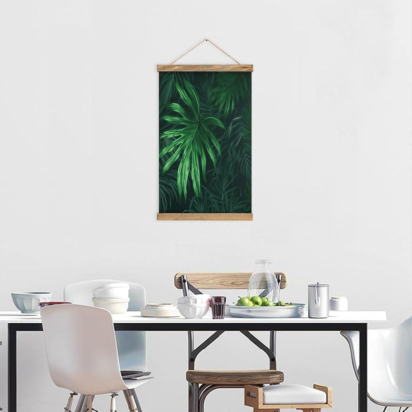 Vintage Green Tropical Jungle Plant Poster with Wooden Frame Personalized Linen Hanging Scroll Painting Rustic Wall Hanging Illustrative Modern Artwork Decor for Home Living Room Bedroom Office