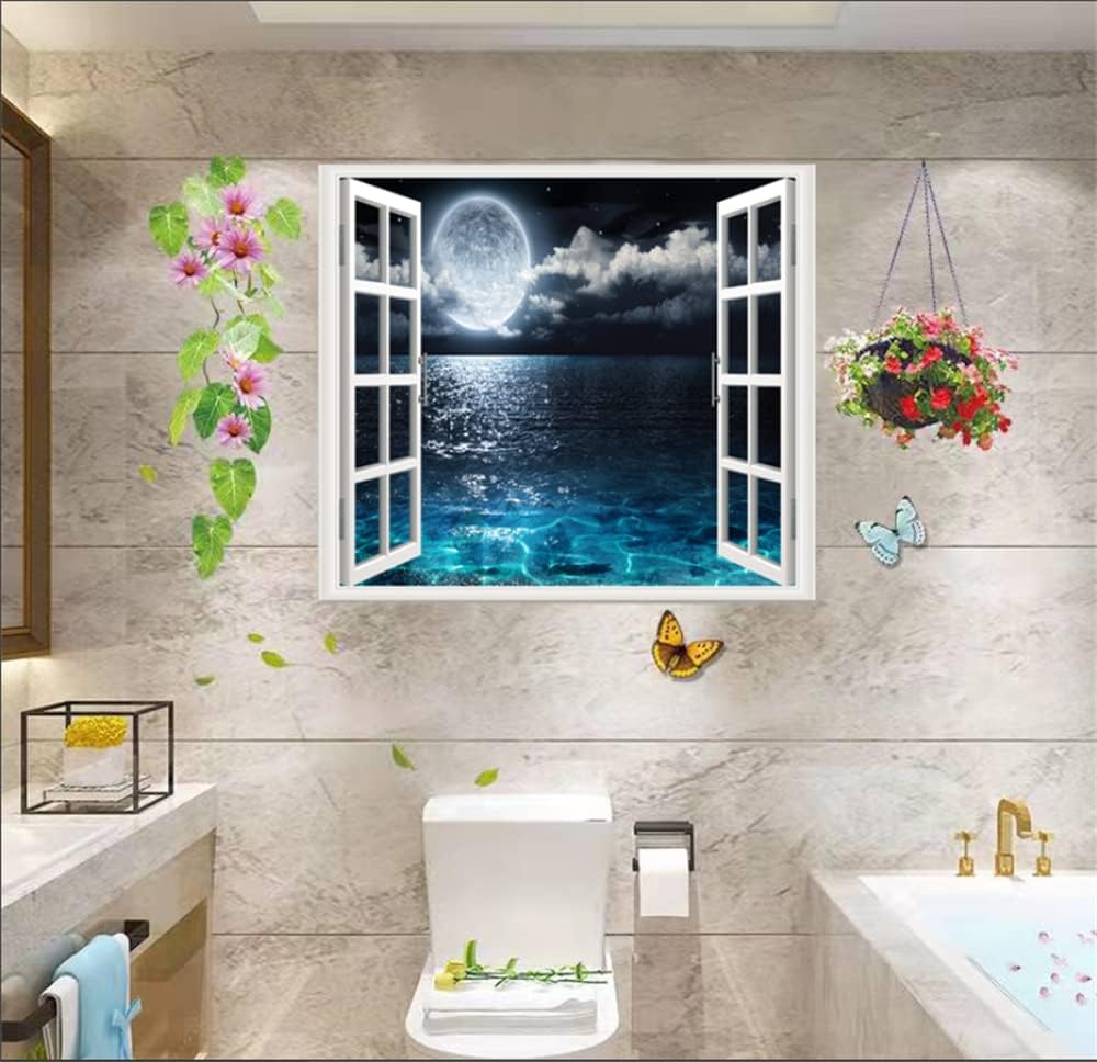 Self-Adhesive Wall Sticker Romantic Living Room Bedroom Study Office Decorative Wall Sticker Ocean Scenery Fake Window Sticker Mural (17.3"×27.6", Moon Beach)