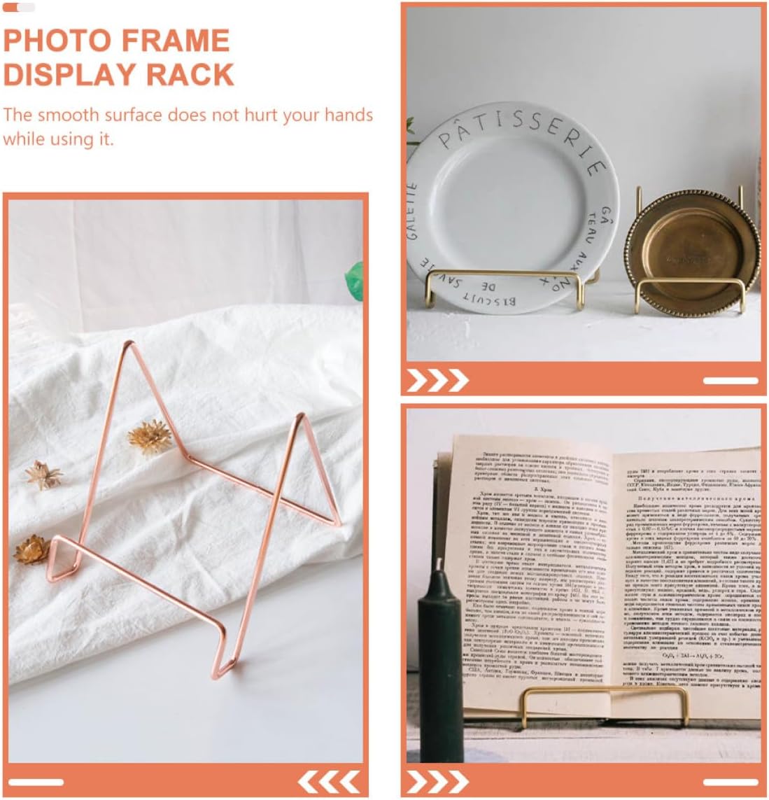 2pcs Iron Photo Frame Display Rack and Phone Holder Set, Desktop Multifunctional Tabletop Ornament Stand for Recipe Plates, Magazine Display, Home Décor in Gold and Rose Gold