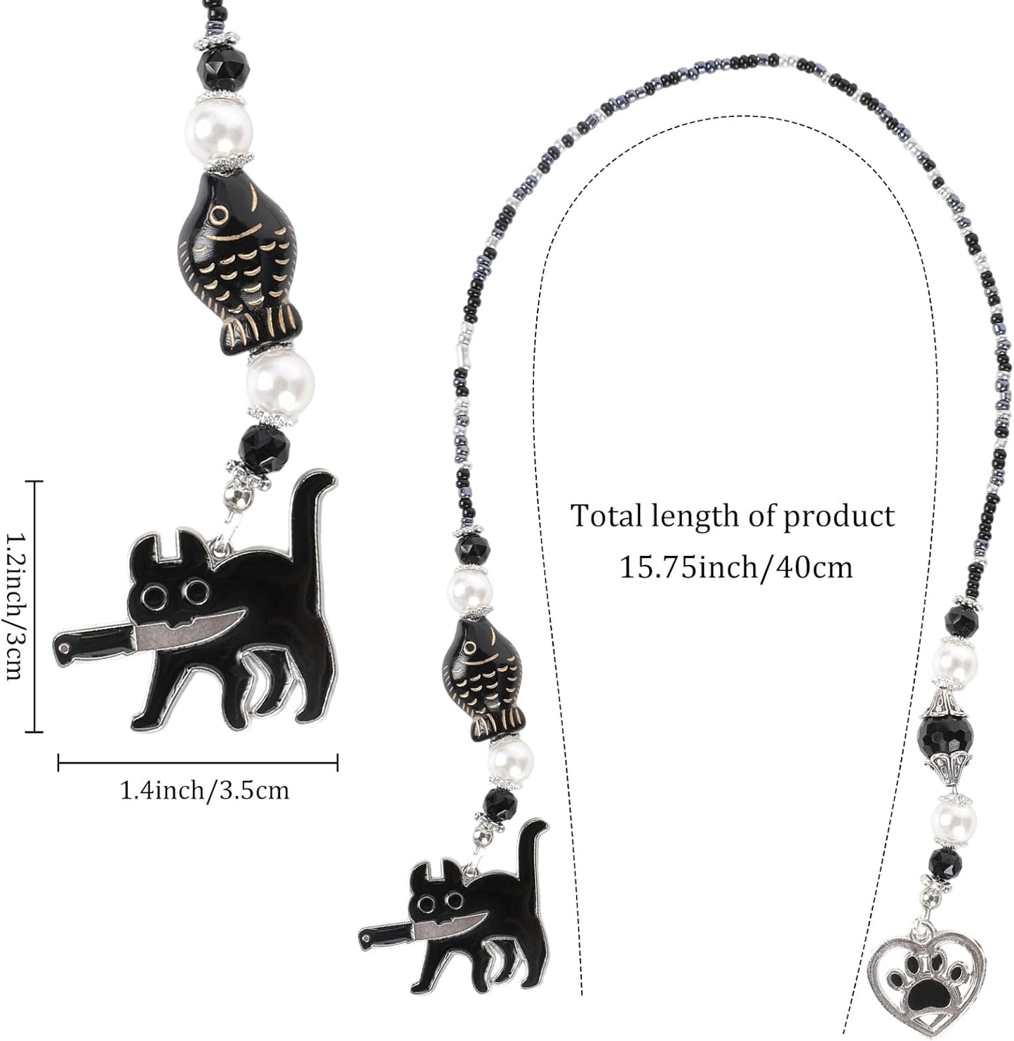 Black Cat Beaded Bookmark - Fantasy Cute Cats Crystal Bead Chain Bookmark, Catchain Pendant, Book Marks Gifts for Books Lovers Students Teacher Office School Supplies