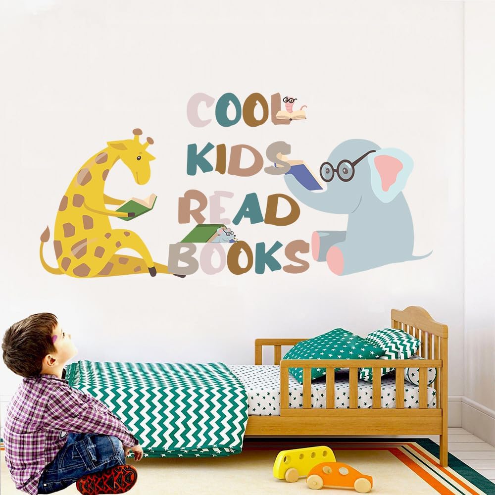 Reading Wall Decal for Kid's Room, Cool Kids Read Books Motivational Quotes Wall Sticker, Giraffe Elephant Reads Theme Vinyl Removable Wall Art for Classroom Preschool Library