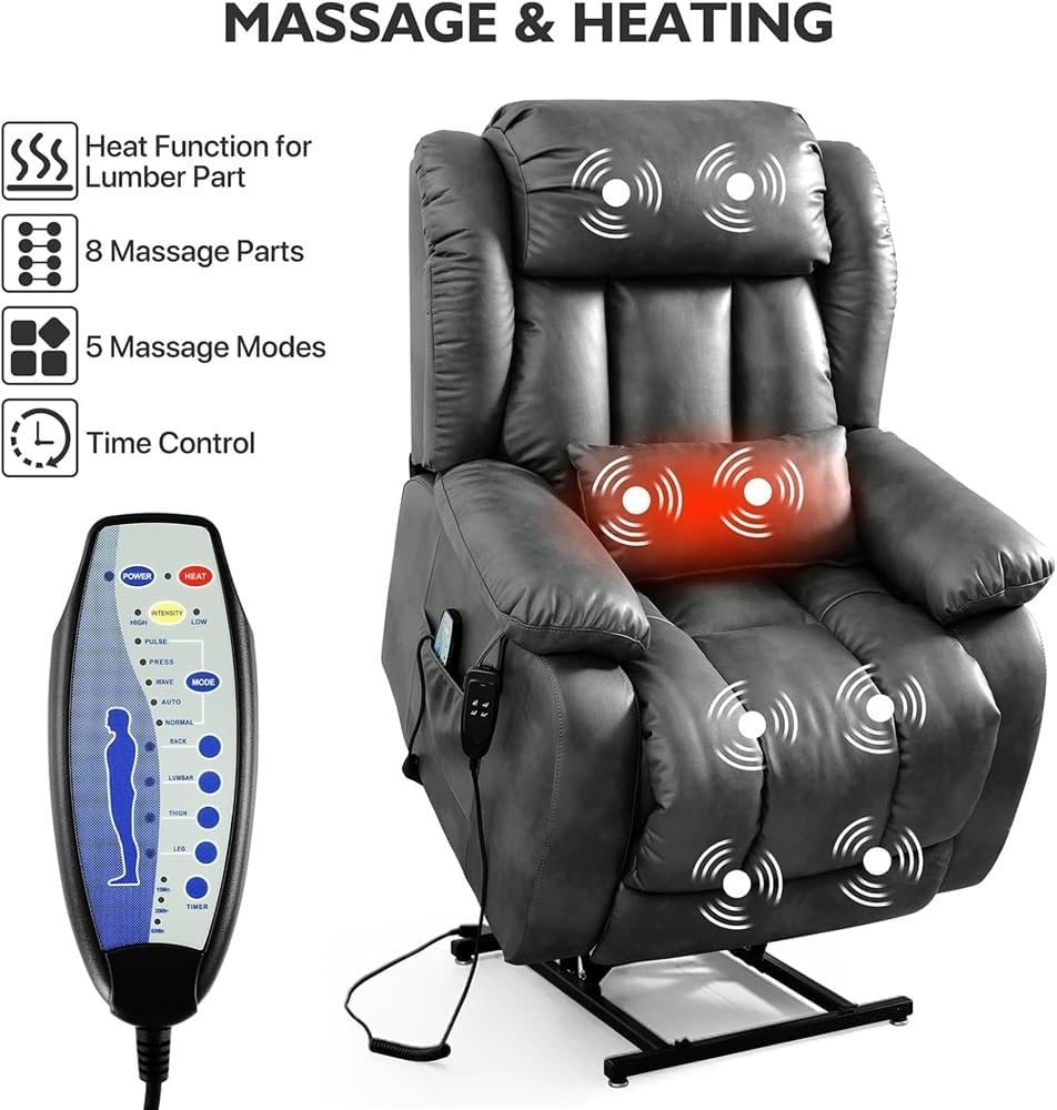 Extra Large Dual Motor Power Lift Recliner Chair for Elderly with Infinite Position Lay Flat Heated Massage Breathable Leather USB Ports Remote Control Reclining Sofa