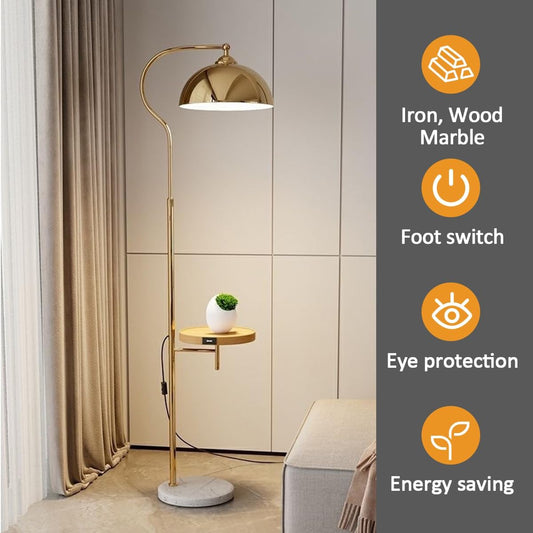 Modern Elegant with Table Floor Lamp Industrial Tall Standing Lamp Electroplated Iron Floor Lamps with Foot Switch Height Adjustable Arched Reading Light for Bedroom Office (Gold)