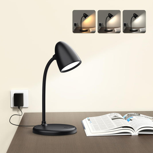 LED Desk Lamp for Home Office,3 Light Colors,Table Lamp,Dimmable Reading Light for Bedside Small Desk Lamp for College Dorm Room,Bedroom Desk Light,Black