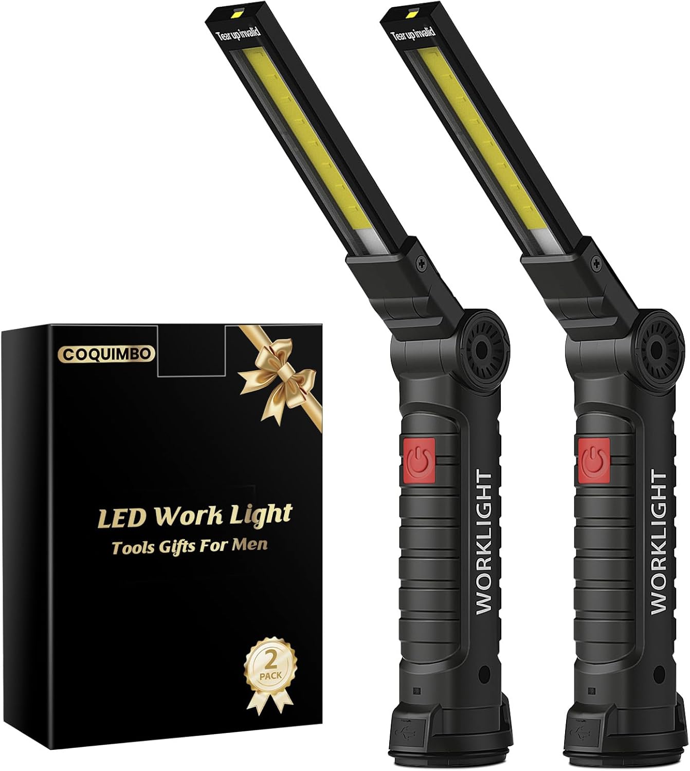 Coquimbo Tool Gifts for Men Him Dad Husband, Rechargeable LED Work Light BBQ Grill with Magnetic Base Hook, 360° Rotate Mechanic Flashlight Mens Easter Birthday Gifts (2 Pack Black)