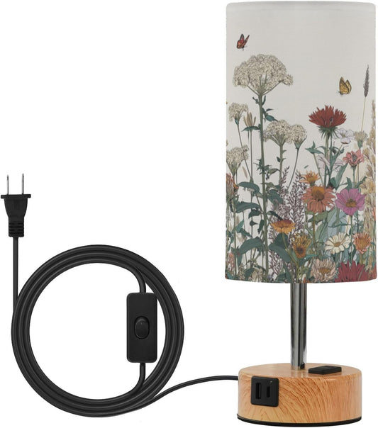Dimmable Vintage Farmhouse Wildflowers Table Lamp with 2 USB C Charging Ports & AC Outlet, Touch Lamps for Nightstand Bedside Small Lamp Night Stand Side Light for Bedroom/Desk, 14 in