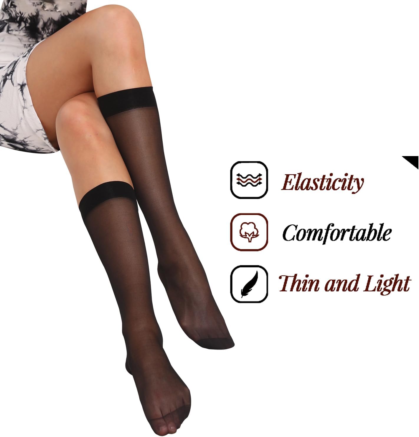 6 Pairs Knee High Stockings for Women, 20 Denier Nylon Sheer Socks with Reinforced Toes Black Nude One Size