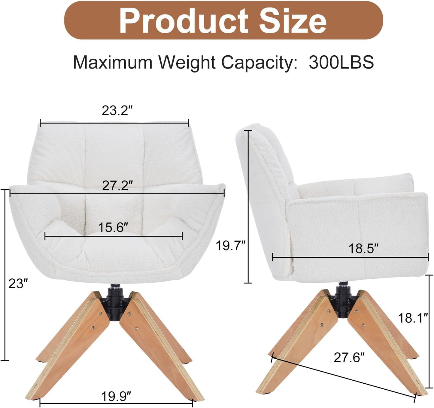 Mid Century Accent Chair, Lambs Wool Vanity Chair Modern Cozy Desk Chair no Wheels with Amrest, Wood Legs for Living Room, Reading Room, Bedroom, White Lambwool