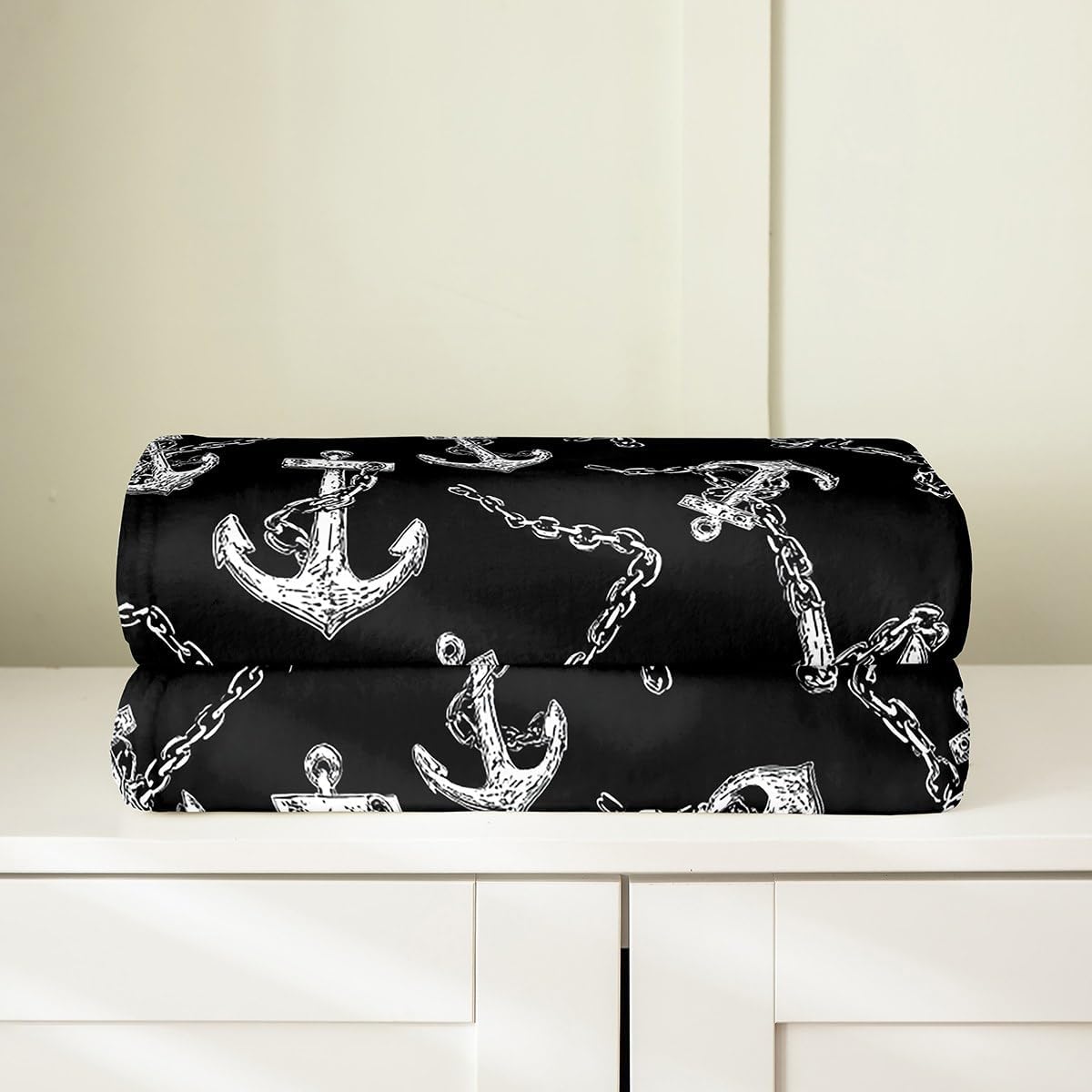 Feelyou Anchor Decor Fleece Throw Blanket for Bed Sofa Couch,Kids Nautical Flannel Fuzzy Blanket,All Season Ocean Themed Black White Bed Blanket Room Decor Plush Blanket Throw 50"x60"