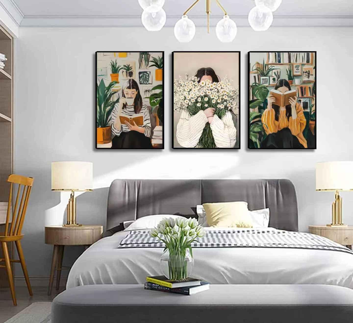 3Pcs Emerald Green Abstract Figure Wall Art Fashion Reading Woman and With Daisies Bouquet Poster Wall Decor Retro Picture Stripe Female Portrait Paintings for Living Room Bedroom 16x24in Unframed