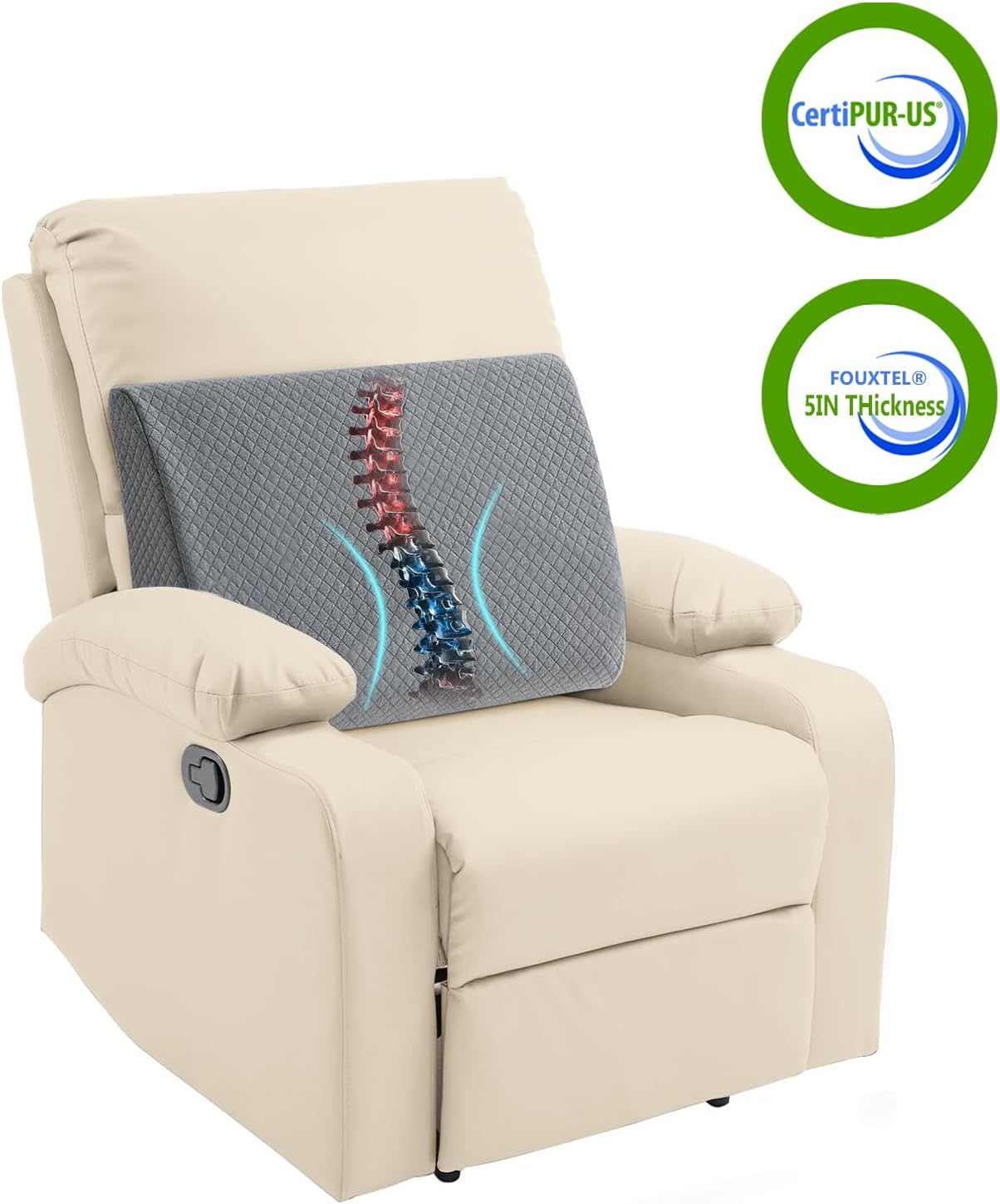 Extra Large Lumbar Support Pillow for Recliner, 20"x14"x5.5" Back Support Cushions with Back Strap, 100% Foam High Supportive, Durable, Grey