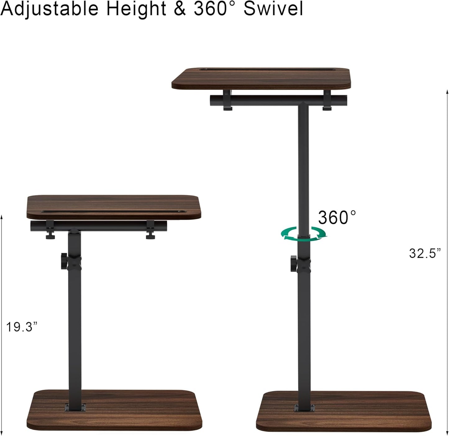 Side Table Sofa Tray for Couch - 360° Swivel Adjustable Height Rotating Sofa Table C Table End Table Laptop Desk with Phone & Tablet Slot, Perfect for Eating Working Reading, Fits Small Spaces