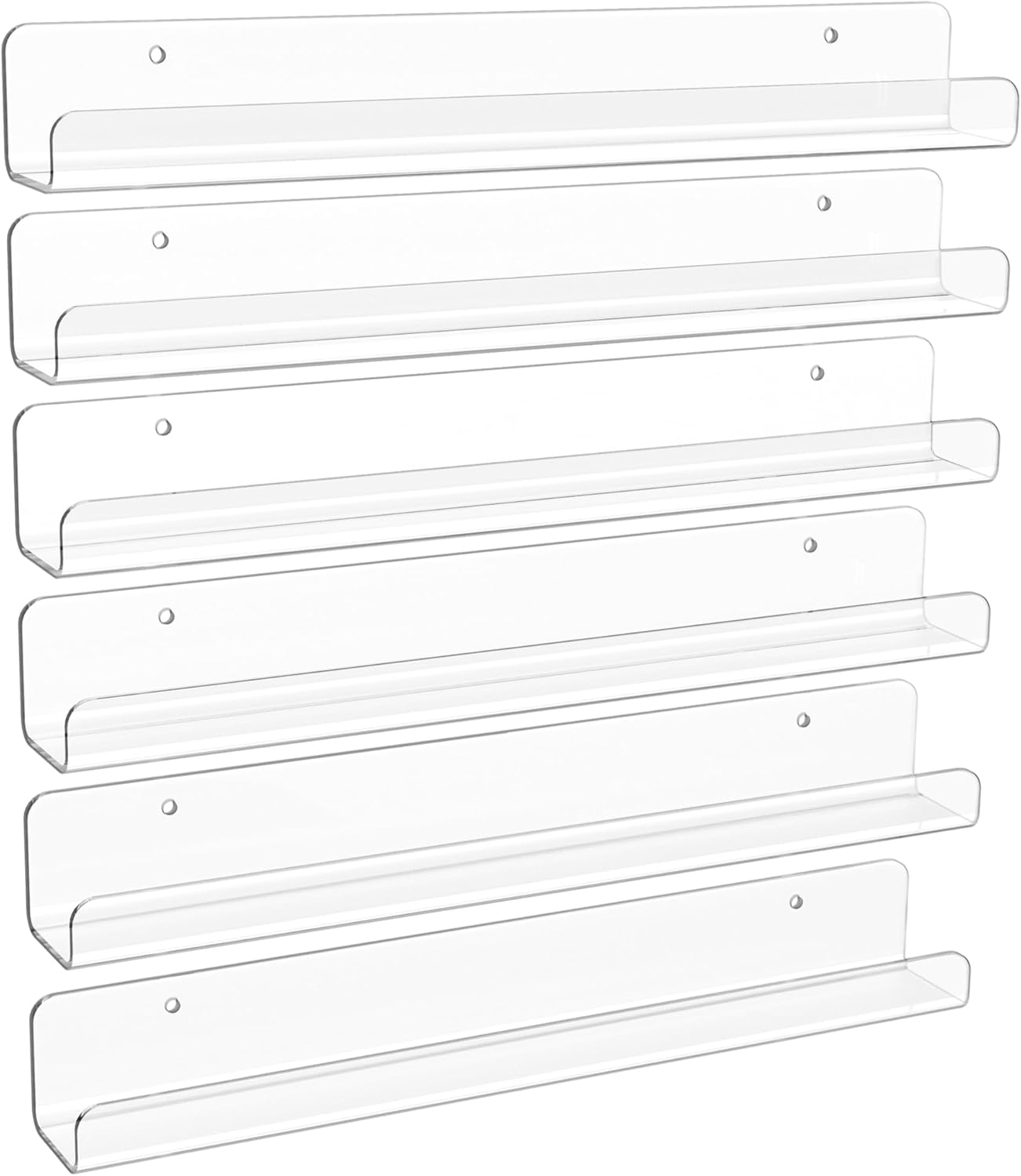 upsimples 6 Pack Clear Acrylic Shelves, 1.7" x12" Clear Wall Shelves for Nail Polish, Vinyl Wall Mount, Record Holder, Magazine Rack, Comic Display, Picture Ledge Shelf Décor