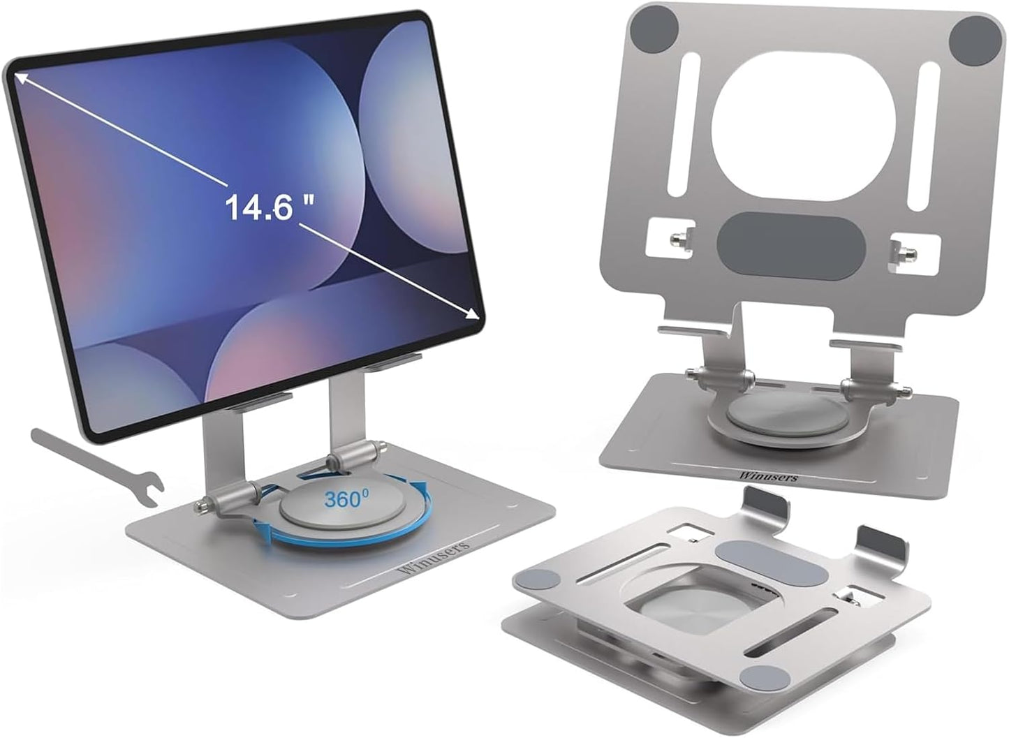 Tablet Stand for Desk, Adjustable Desktop Tablet Holder, Foldable Tablet with 360 Rotating Base for iPad pro 12.9, iPad Air Mini, Samsung Galaxy Tabs Z Fold Kindle Fire4-14.6 inch, Silver