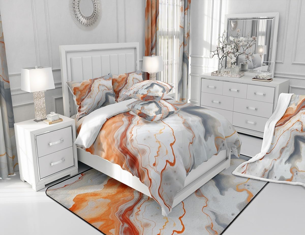 Feelyou Orange Grey White Marble Grain Plush Blanket Gradient Marble Texture Fleece Throw Blanket for Boys Girls Marble Sherpa Blanket Ink Fluid Art Fuzzy Blanket for Sofa Bed Couch,Throw 50x60 Inches