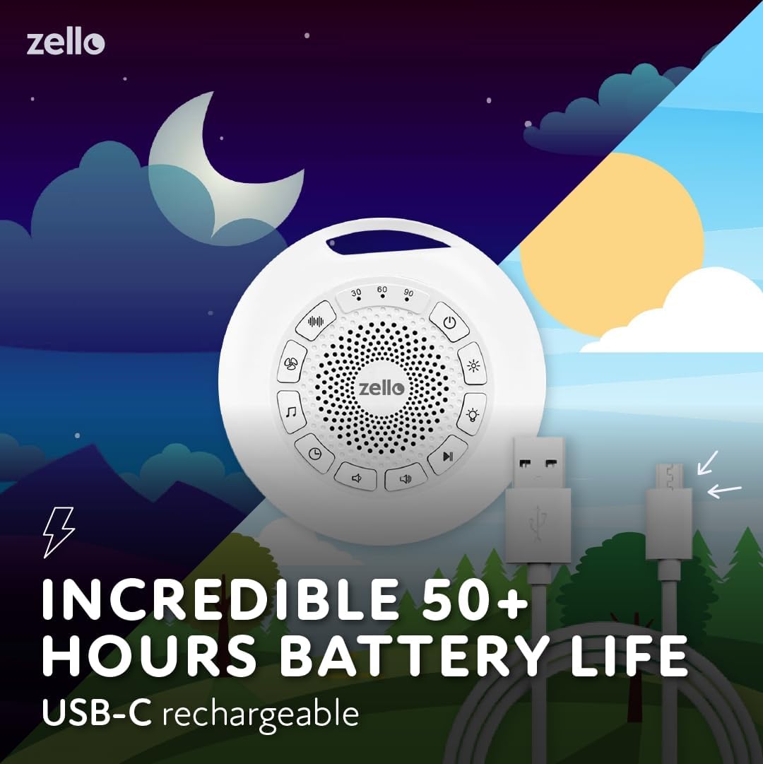Zello | Portable Pro Max White Noise Machine | 30 Sounds | 55+ Hours Battery Life | 7 Colour Night Light | Child Lock | Sleep Timer | USB Rechargeable | Baby Sleep Aid | Sleep Sound Machine