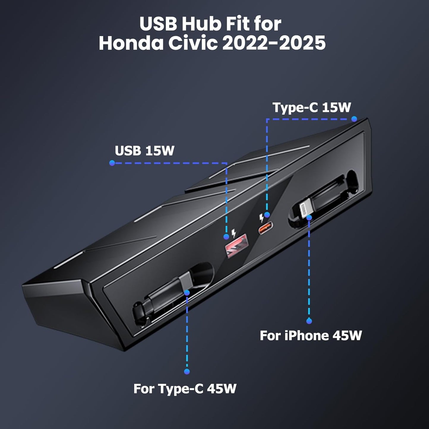 Center Console USB Hub Compatible with Honda Civic 2022 2023 2024 2025, 120W 4-Port Retractable Car Fast Charging Cables Docking Station