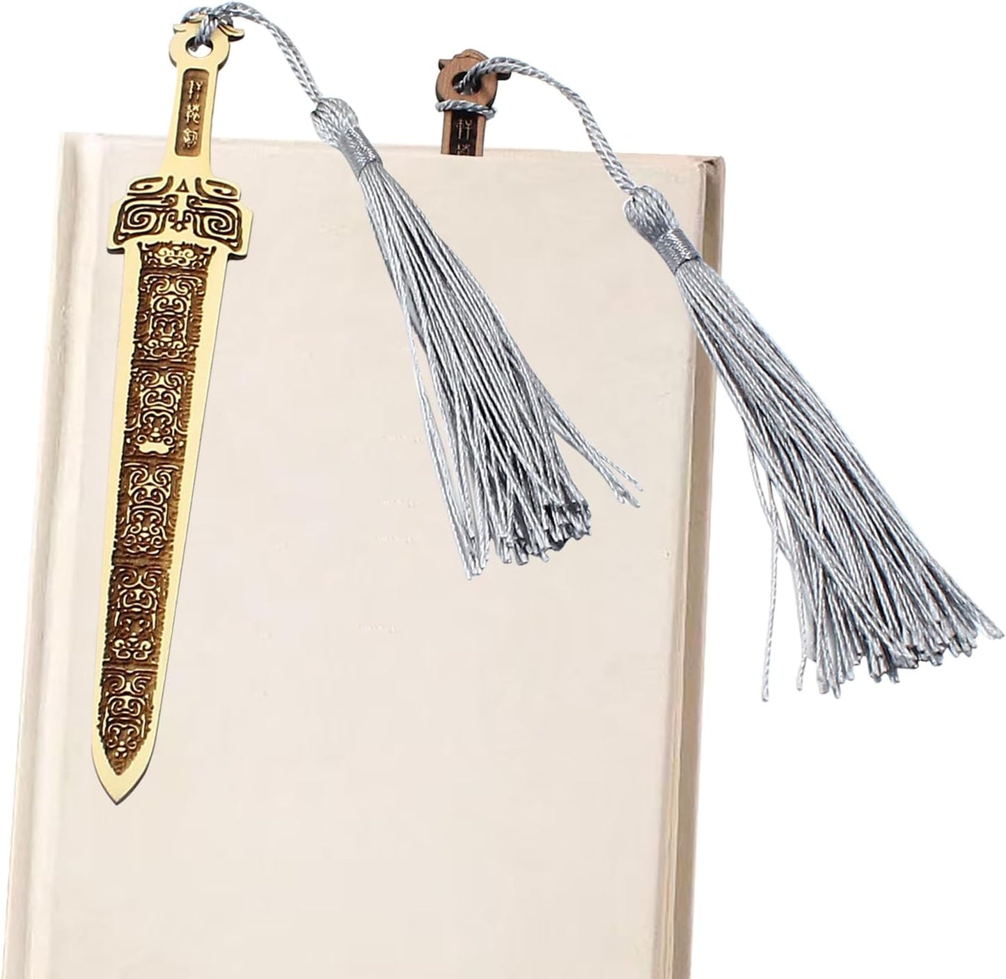 2 Pcs Sword Shaped Wooden Bookmarks, Wood Bookmark with Tassel Vintage Reading Page Markers Woods Book Marks(Coffee+Taupe)