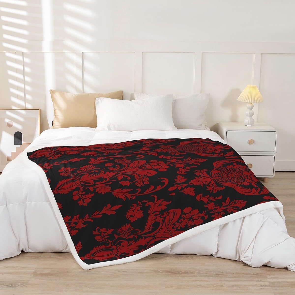 Feelyou Red Black Vintage Damask Sherpa Blanket - Oriental Antique Fleece Throw for Boys & Girls - Gothic Bohemia Floral Plush Luxury Flower Fuzzy Blanket for Sofa, Bed, Couch - 50"x60"