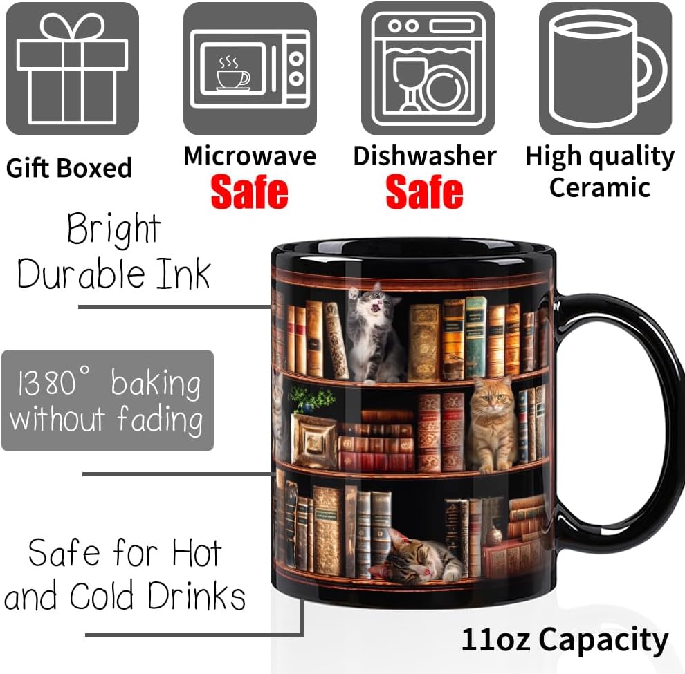 Cat Book Mug Gift for Book Lovers Readers Librarian, Library Bookshelf Mug, Book Lover Bookish Gifts for Bookworm Writer Women, Cats Mug for Cat Lovers 11oz