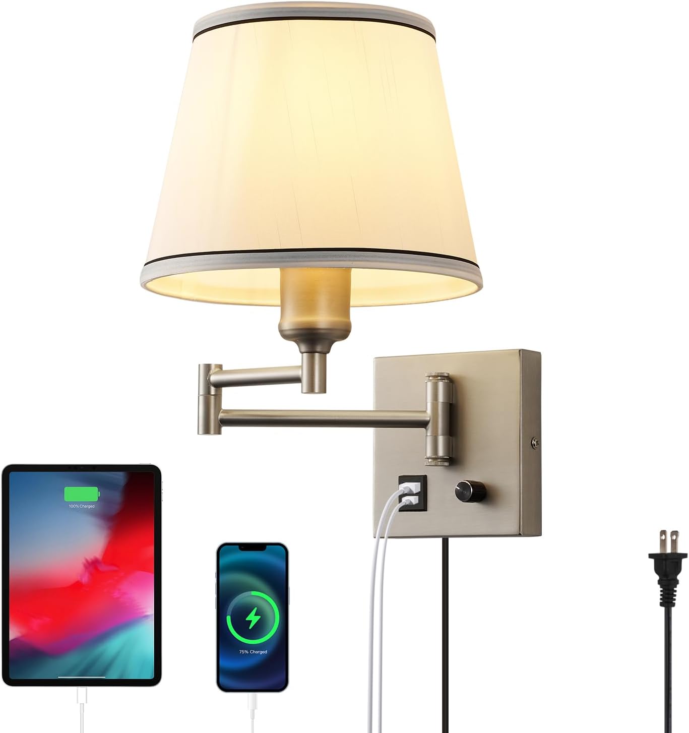 Swing Arm Wall Lamp with Type-C and USB Charging Port Wall Mounted Lamp with Dimmable Switch Plug in Wall Sconces White Fabric Shade Perfect for Bedside Living Room Reading Nook Office Satin Nickel