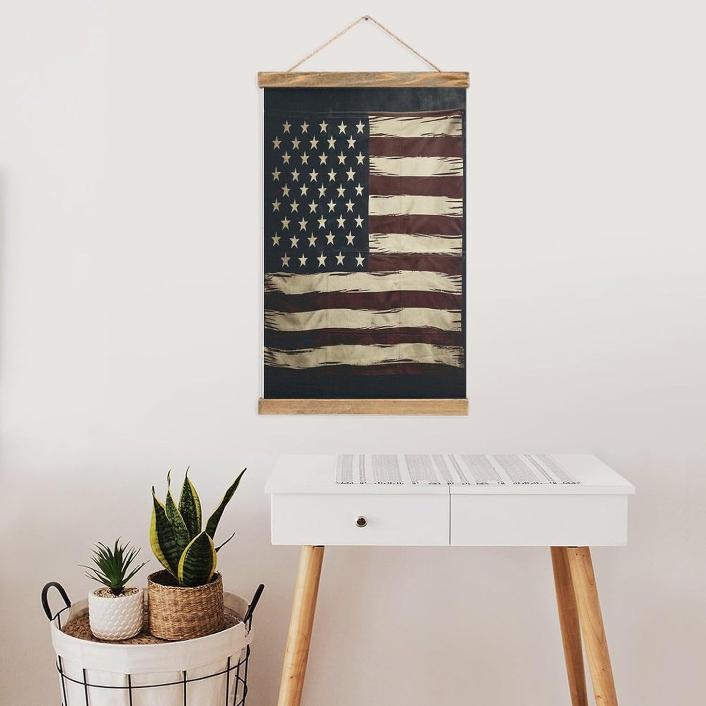 Vintage American Flag Poster with Wooden Frame Personalized Linen Hanging Scroll Painting Rustic Wall Hanging Illustrative Modern Artwork Decor for Home Living Room Bedroom Office