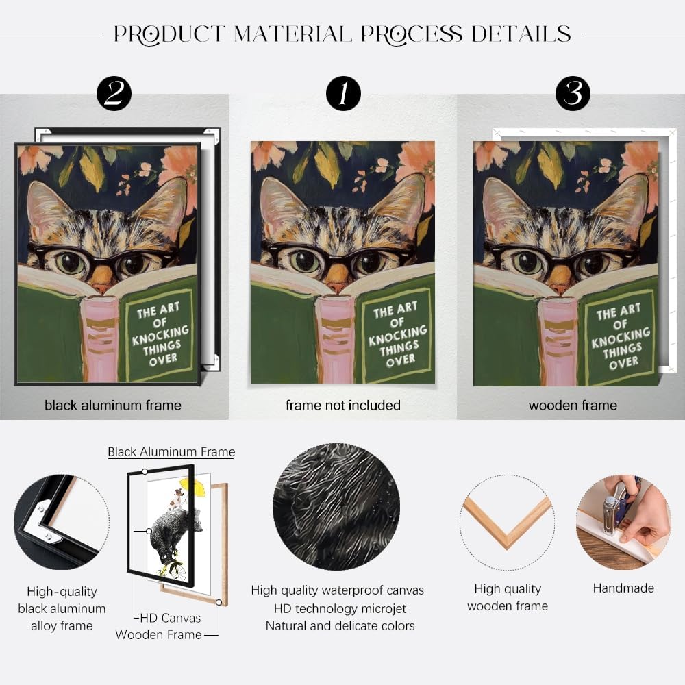 WLZWD Funny Cat Reading Book Wall Art Poster Retro Floral Aesthetic Reading nook office decor Green Pink Humorous Bathroom decor Prints for Bedroom Living Office Unframed8x10inch