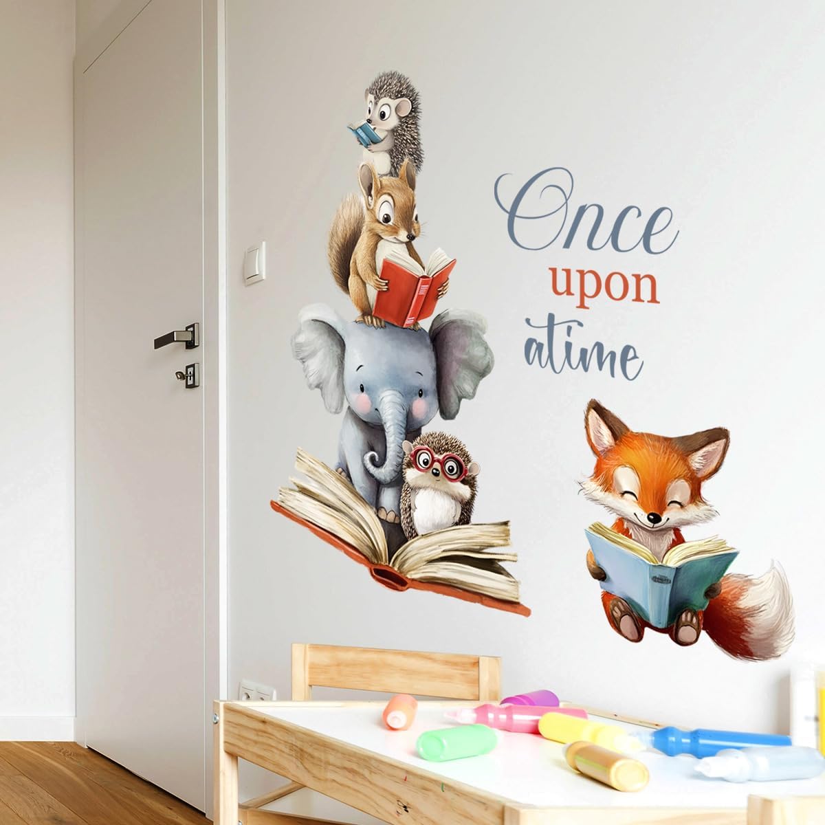 Once Upon a Time Wall Decal, Woodland Animals Reading Books Wall Stickers for Nursery Classroom Kids Bedroom Preschool Wall Decor, 31.10x27.95 inch, 2 Sheets
