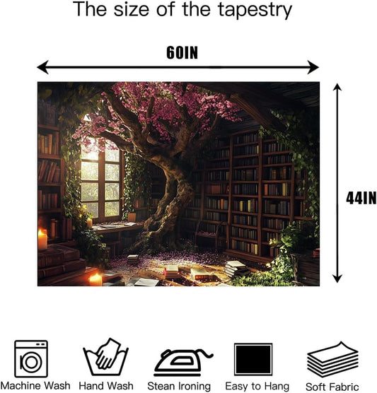 Richldeas 60x44inchs Bookshelf Tapestry Cherry Blossom Tree Tapestry Library Tapestries Reading Blanket for a Windowless Office and Dormitory Bedroom Living Room Home Decor RITAYW075