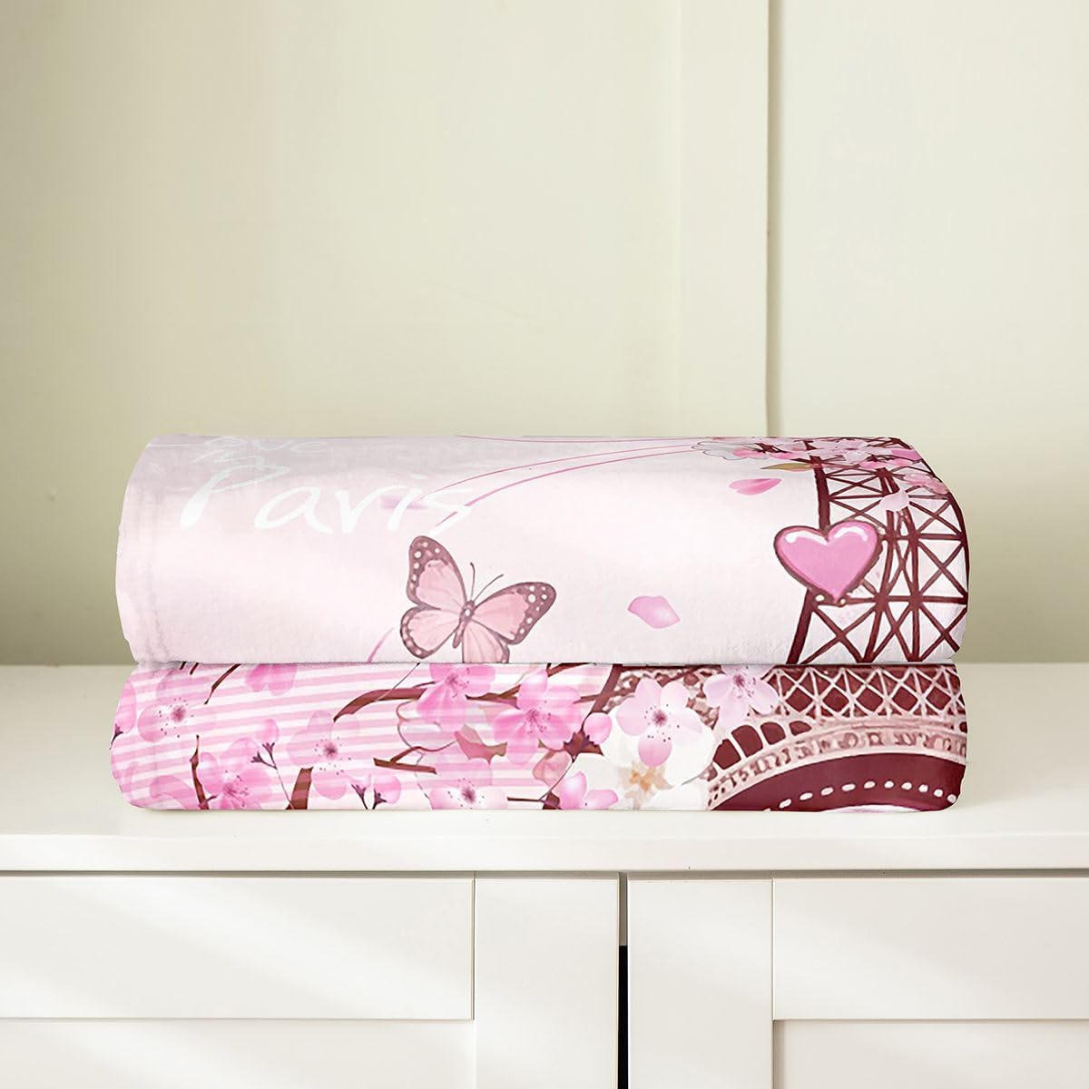 Feelyou Paris Flannel Fleece Throw Blanket,All Season Eiffel Tower Bed Blanket Cherry Blossoms Fuzzy Blanket for Bed Sofa Couch,Bedroom Decor Paris Decor Pink Plush Blanket Baby 30"x40"