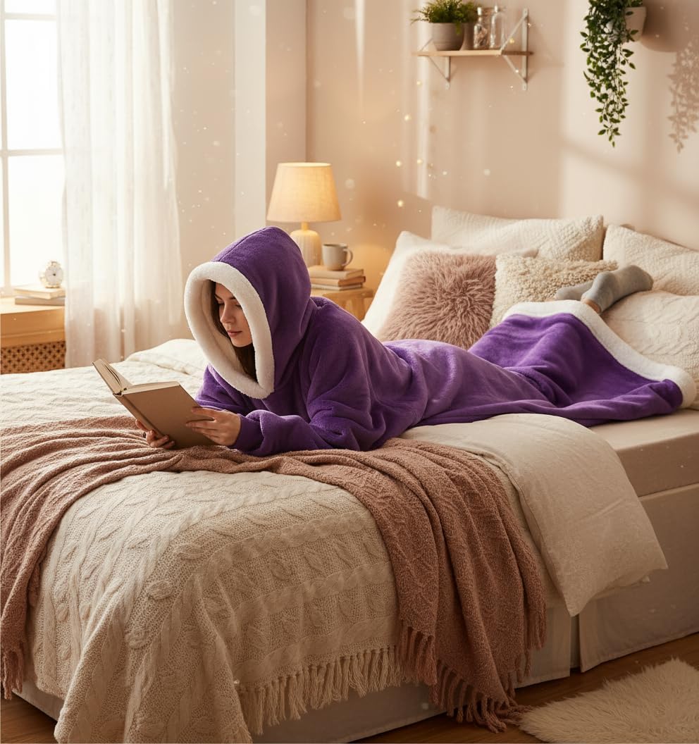 5FT Oversized Wearable Blanket Hoodie Flannel Sherpa Fleece Warm Cozy Christmas Wrap Throw Gifts for Adult
