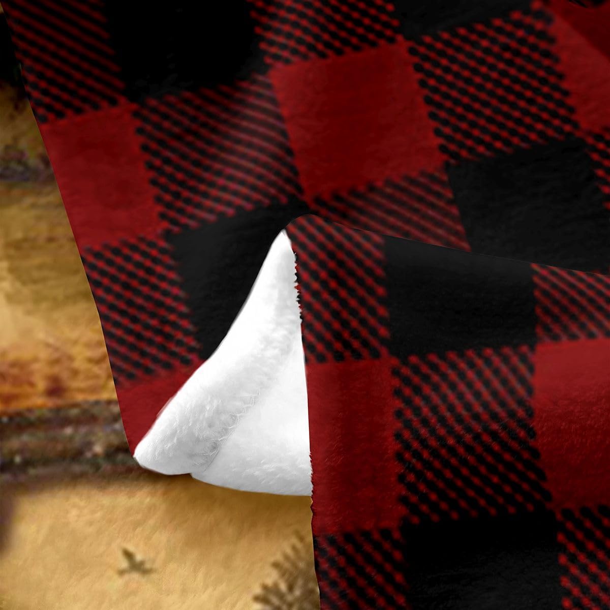 Bear Cabin Plaid Throw Blanket - Queen Size Rustic Farmhouse Fleece, Retro Hunting Deer, Country Woodland Pine Tree Flannel, Maple Leaf Lodge Decor Sherpa, Red Black Brown