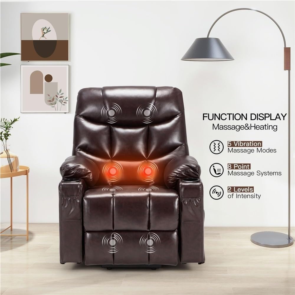 Power Lift Recliner Chair for Elderly, Heavy Duty Electric Recliner with Heat and Massage, Large Comfy Reclining Sofa with Cup Holders & Side Pockets, Dark Brown
