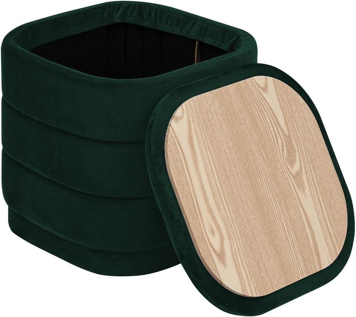 PINPLUS Ottoman with Stroage Square Velvet Ottoman and Tray Removable Foot Rest Coffee Table for Dorm, Living Room,Bottle Green 15" D x 15" W x 15" H