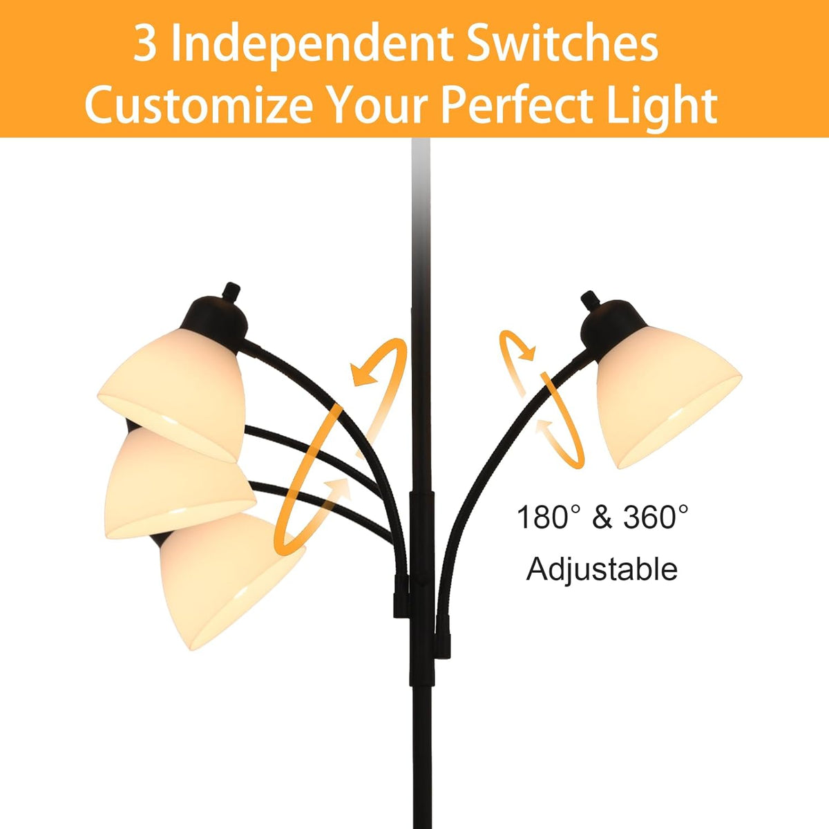 3 in 1 Lamps for Living Room, Floor Lamp with 2 Adjustable Reading Lights, Stepless Dimming Floor Lamps, 3 LED Bulbs Included, Modern Standing Lamp for Bedroom, Office, Home Essentials