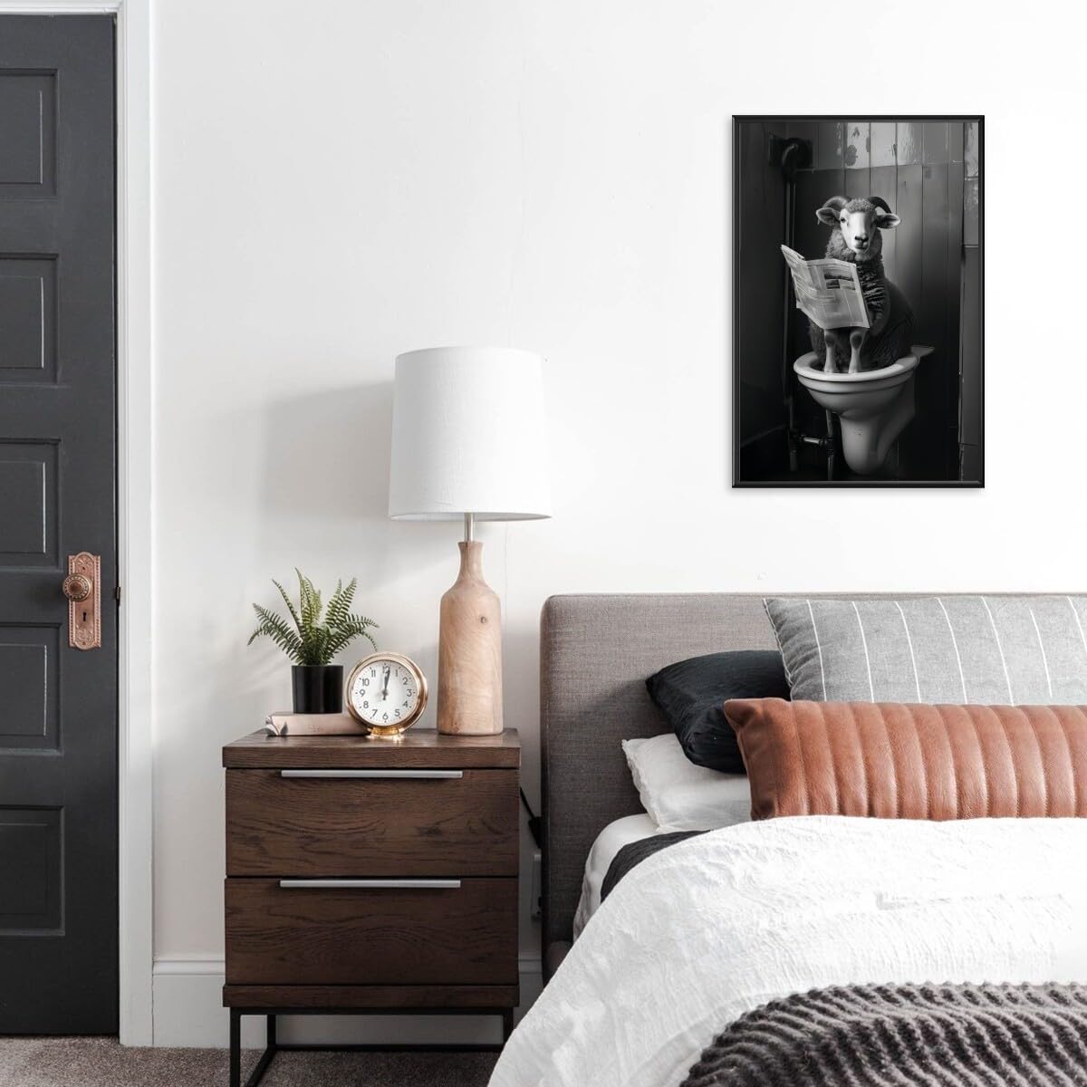 Black and White Animal wall art Funny Bathroom wall decor Sheep Sitting on Toilet Reading Newspaper Canvas Print poster Room decoration aesthetics for Rustic Farmhouse Restroom black framed8x12inch