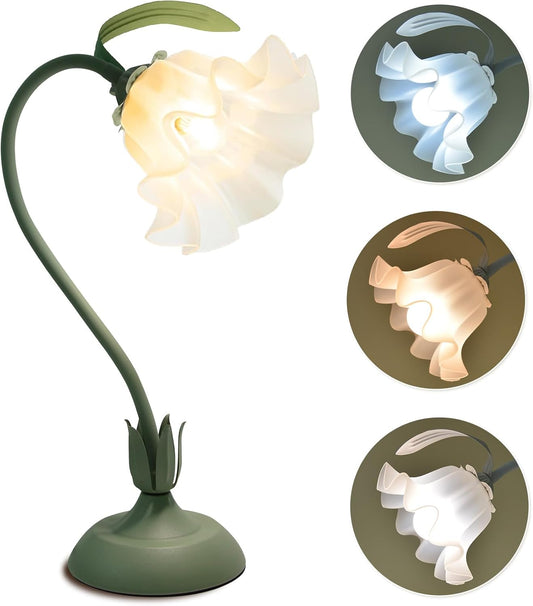 Flower Table Lamp, 3 Level Brightness Vintage Flower Reading Light with E26 Bulb, Cute Desk Lamp Bedside Lamps Lily Lamps for Nightstands Living Room Bedroom Ambient Lighting Home Decor, Metal Base