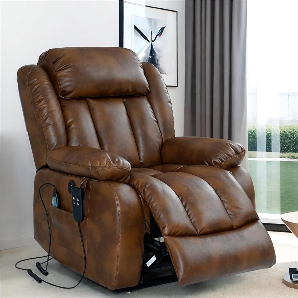 Dual Motor Power Lift Recliner Chair for Elderly with Heat and Massage Lay Flat Sleeping Recliner Infinite Position Breathable Leather Remote Control USB Port Adjustable Headrest